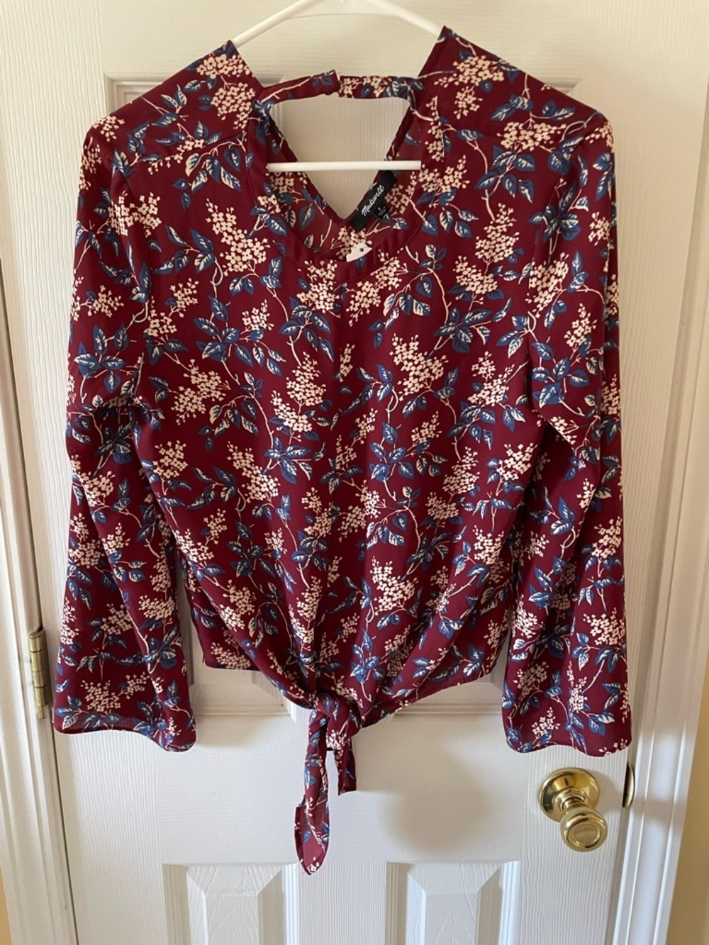 Madewell Floral Tie Front Blouse Size S Burgundy Blue Long Sleeve